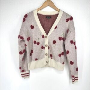 Girlish Cherry Fuzzy Cardigan Sweater Cream Red XS Button Varsity Baggy Novelty